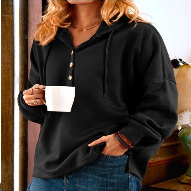 Autumn and Winter Women's Solid Color Hooded Sweatshirt Button Drawstring Top