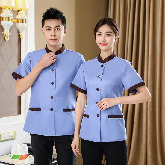 Hotel Housekeeping Uniform Women Slim Fit Top Stand Collar Short Sleeve Single Breasted Pockets Work Uniform Tops