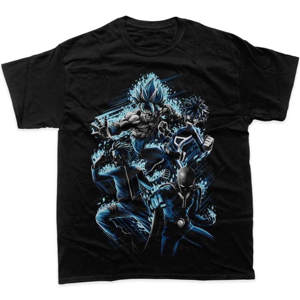 Аниме All-Stars Синее Пламя Кроссовер Оверсайз Футболка, Dragon Ball x My Hero Academia x Fairy Tail x One-Punch Man Графическая Футболка, Унисекс Повседневный Топ