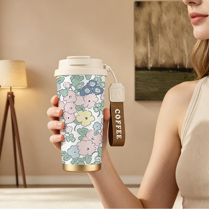 Coffee Mug 532ml Macaron Flower Element Lanyard Insulated Cup Beach Cup Large Capacity Cup Stainless Insulated Cup Car Cup