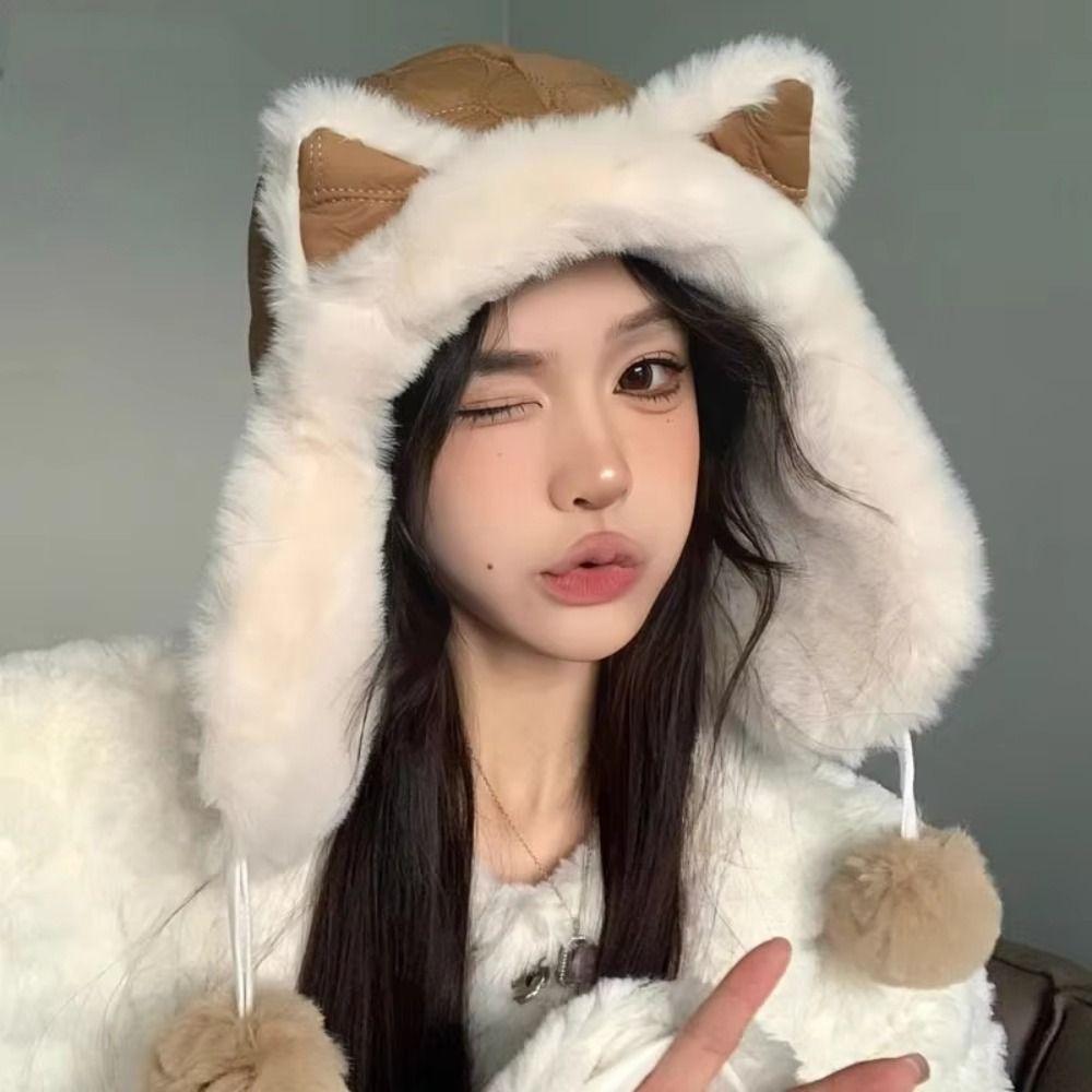 Теплая плюшевая шапка-бини, ветрозащитная шапка с защитой ушей, креативная шапка-пуловер с кошачьими ушками, женская