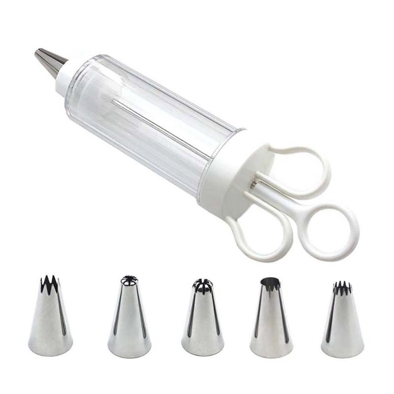 Dessert Cream Piping Syringe Nozzles Kits Dessert Decorating Syringe Cupcake Frosting Filling Injector with 5 Nozzles