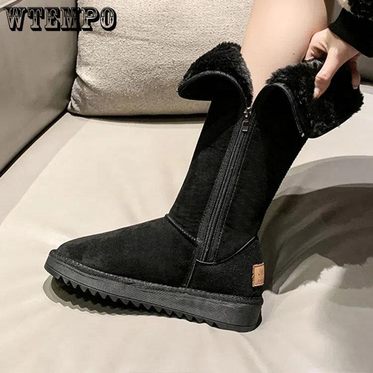 Длинные зимние ботинки большого размера на боковой молнии, женские зимние плюшевые утолщенные нескользящие теплые хлопковые туфли на высоком каблуке