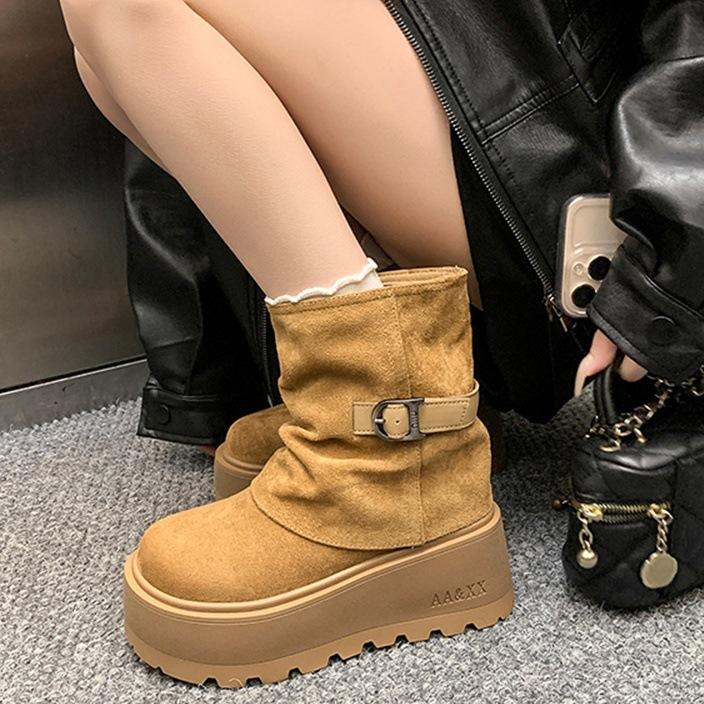 Мода 2025 Зимние Женские Теплые Снежные Ботинки из Короткого Плюша Повседневная Обувь Новые Замшевые Меховые Ботильоны Челси На Плоской Подошве Платформа Женская Обувь Ботас