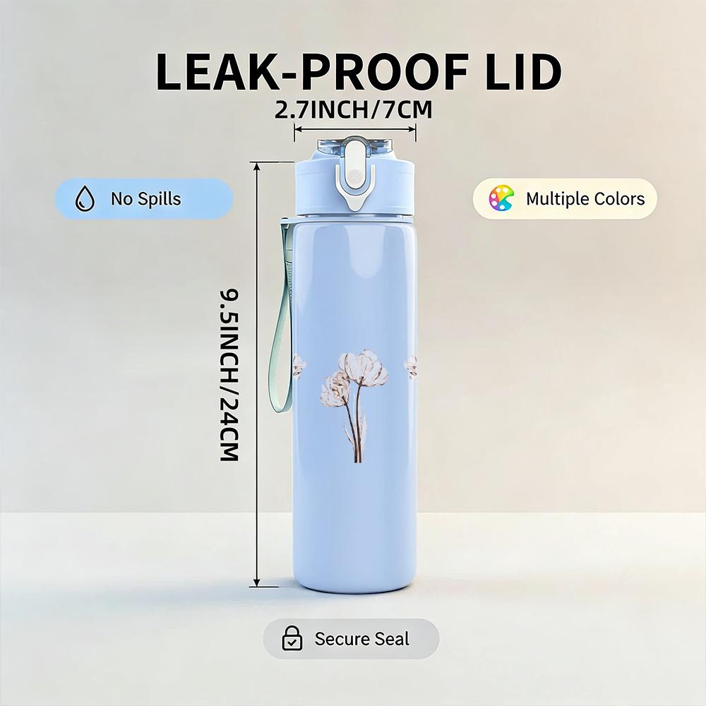 1PC Three thin tree line sketch minimal print 750ml colorful plastic sports water bottle leakproof pop up lid with straw for outdoor work home use