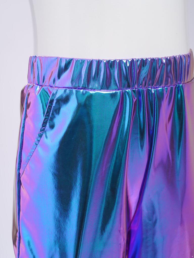 Детские блестящие танцевальные брюки унисекс с металлическим блеском и эластичной талией, с функциональными карманами, сценический наряд