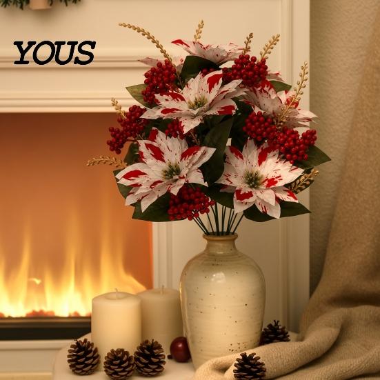 Vibrant Lush Fake Plant Decor 5/7/10/12 Heads Artificial Poinsettia Flowers, Christmas Floral Berry Centerpiece, Dieffenbachia Plants