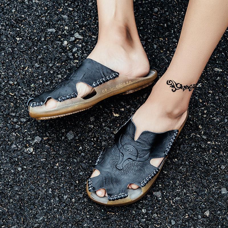 Genuine Leather Men Beach Slippers Plus Size Home Sandals Summer Beach Sandals Outdoor Casual Walking Beach Flip Flops Men Shoes