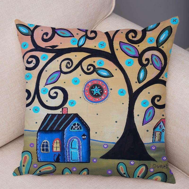 Colorful Cartoon House Pillowcase Retro Country Colors Urban Sofa Cushion Cover Home Car Decoration