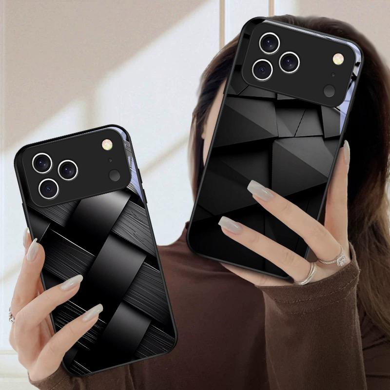 Темная геометрическая текстура Для iPhone 17 Pro Max 16 E 15 Plus 14 Pro 13 12mini 11 Air XS Max 5 6 7 8Plus SE Черный Стеклянный Чехол для Телефона
