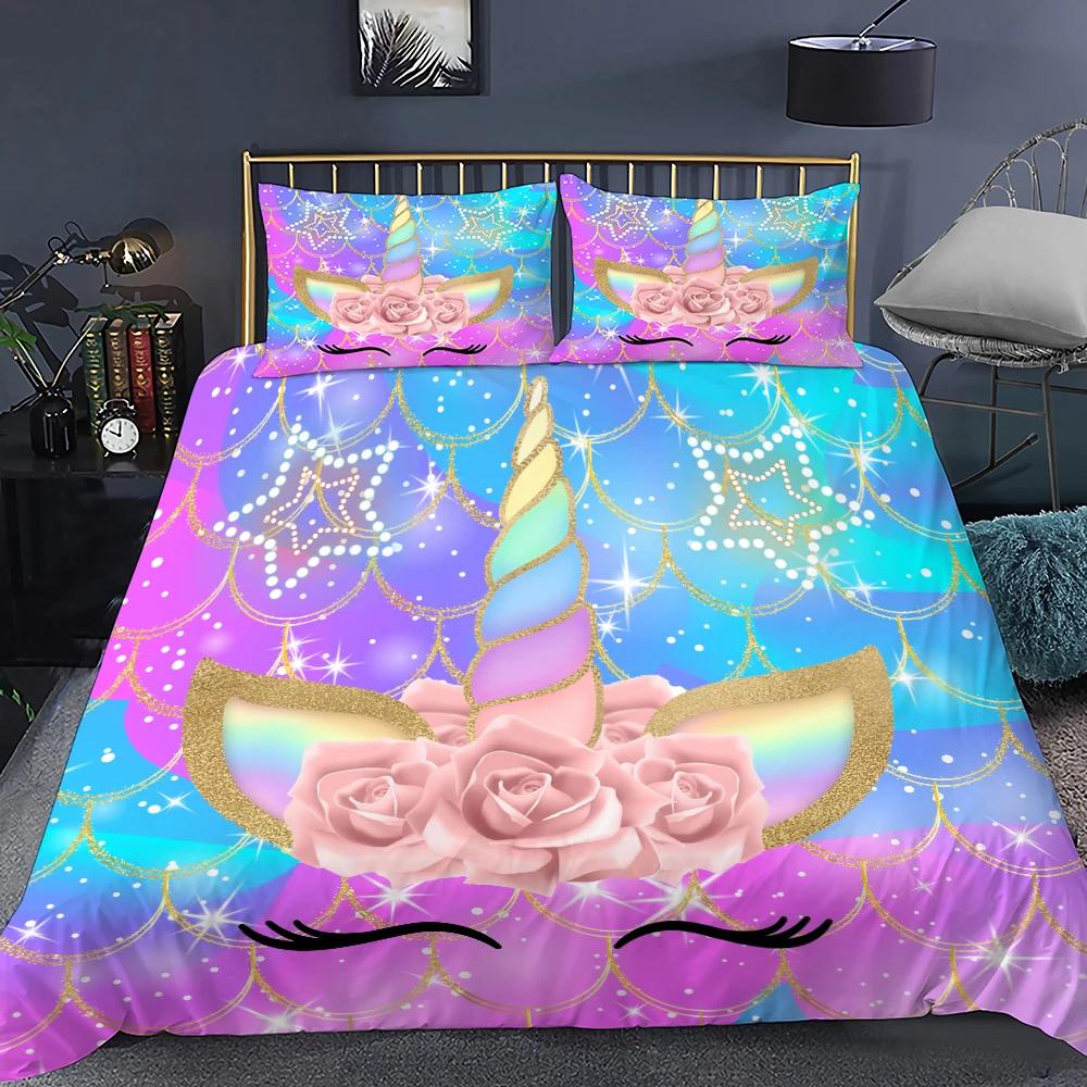Unicorn Soft Duvet Cover Purple Pink Carton Dream Warm Comforter Cover Set Women Stars Rainbow Rhinestone Beding Set for Tenage Young Girls
