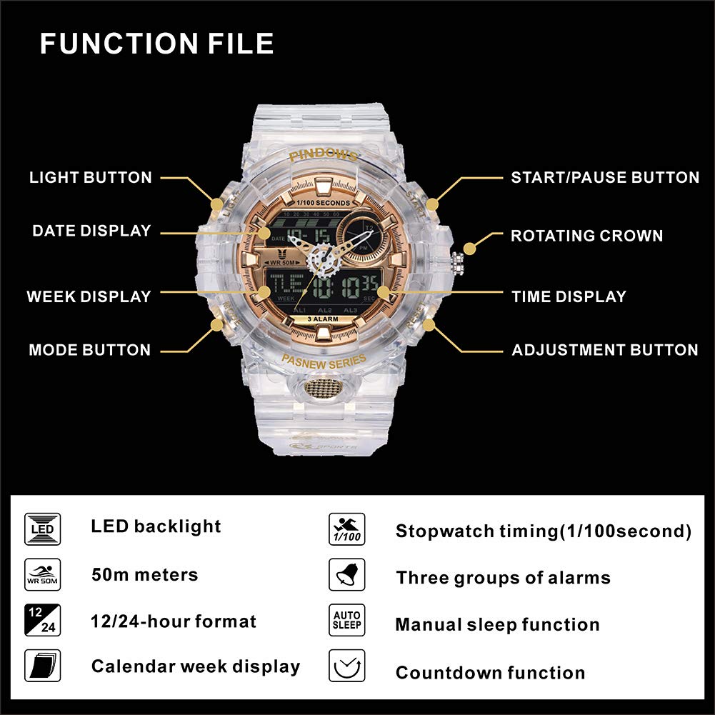 PINDOWS Military Watch Outdoor Sports Electronic Date Multifunction LED Alarm 50 Meter Water Resistant Analog Digital Display Watch Men's Watch, Men's