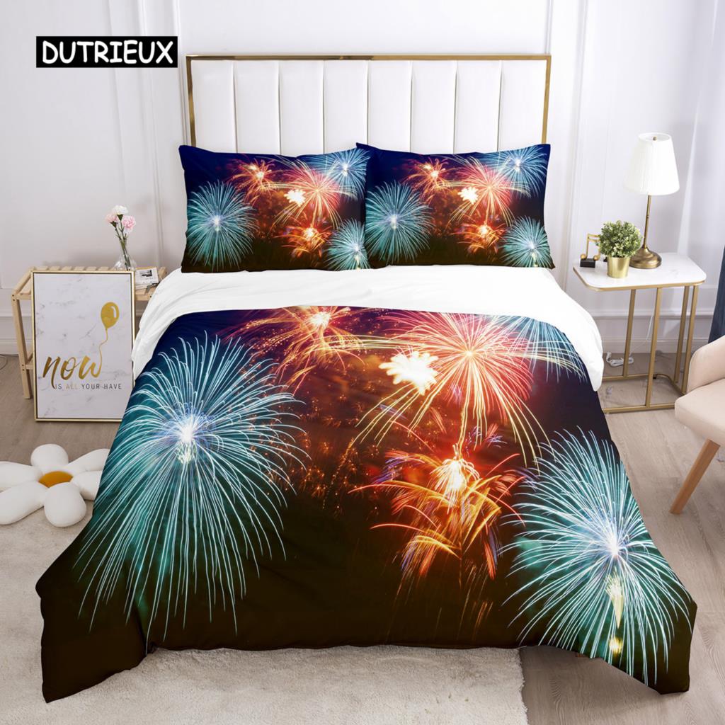 Пододеяльник Firework Queen Size, комплект постельного белья с разноцветными огнями, микрофибра, тема «Празднование Рождества», мягкий чехол для одеяла