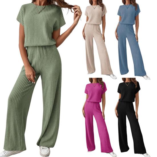 Женский комплект из двух частей, трикотажный свитер с коротким рукавом, топ с широкими штанинами, комплекты для отдыха, повседневный трикотажный наряд в рубчик для весны и осени