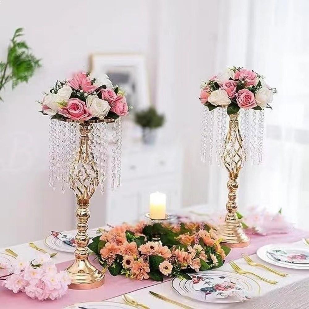 Crystal Candle Holder Golden Dinner Candlesticks Retro Flower Vase for Wedding Event Decoration
