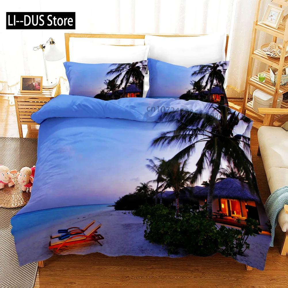 Tropical Duvet Cover Set King Size Microfiber Palm Trees Silhouette Sunset Tropical Beach Coastline Exotic Vacations Bedding Set