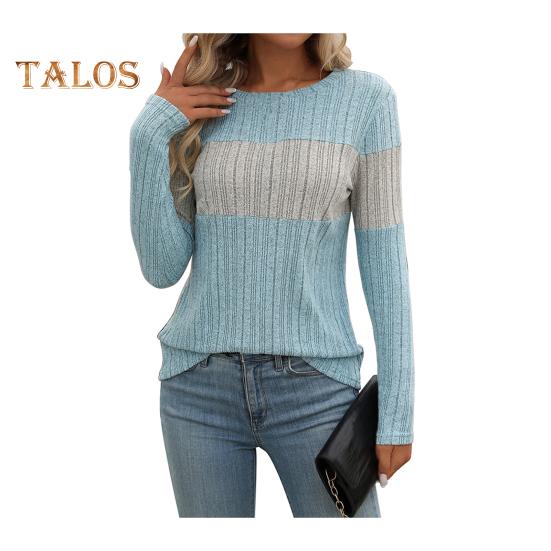 Женские топы с круглым вырезом и длинным рукавом, цветные ребристые трикотажные топы свободного кроя, повседневные свитера, повседневная одежда