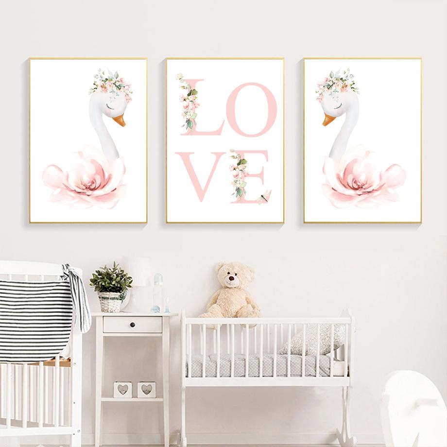 Розовая балерина для девочек, лебедь, модельные туфли, имя на заказ, настенная живопись на холсте, постеры и принты, фотографии для декора детской комнаты