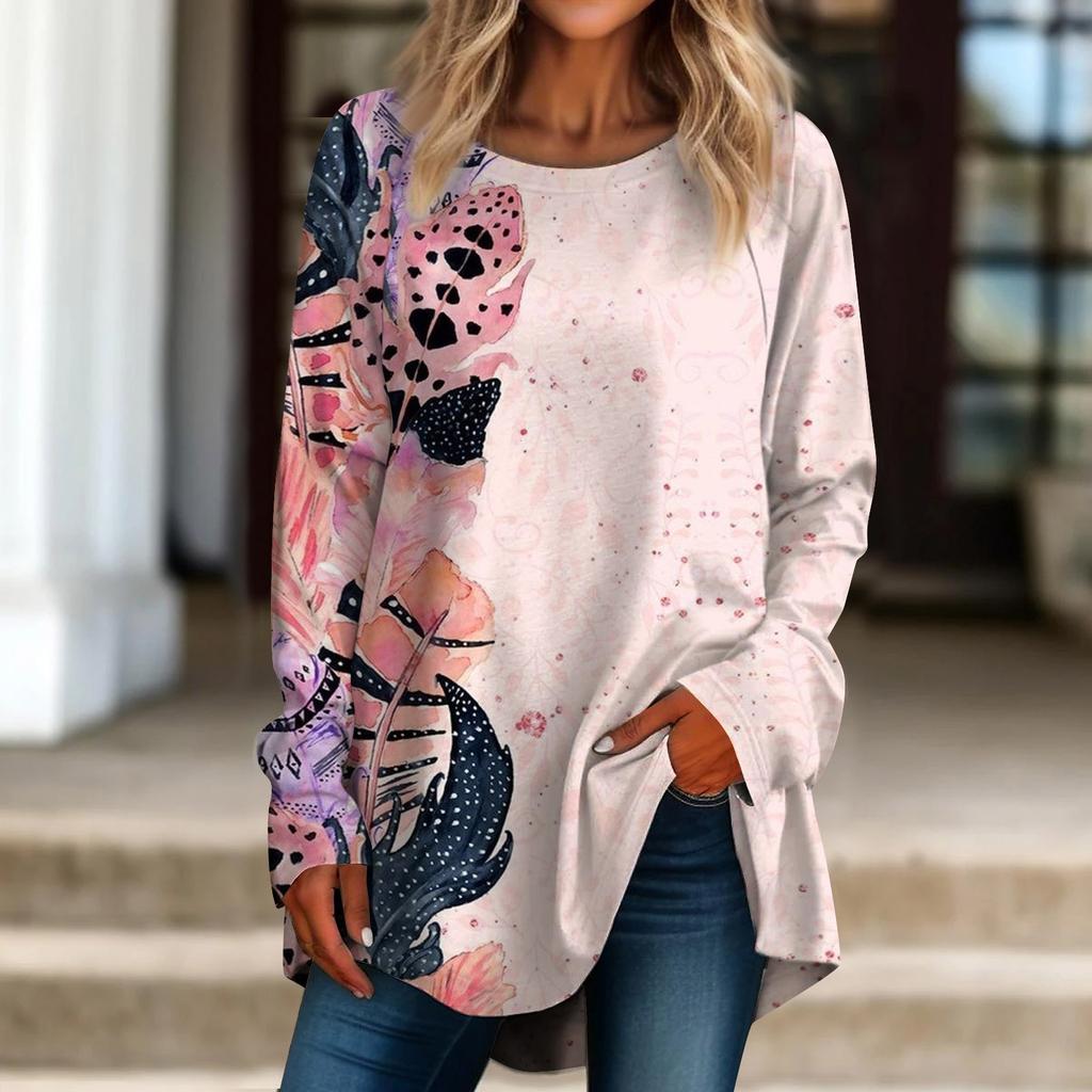 Женская повседневная футболка больших размеров с длинным рукавом и круглым вырезом в стиле ретро, ​​пуловер