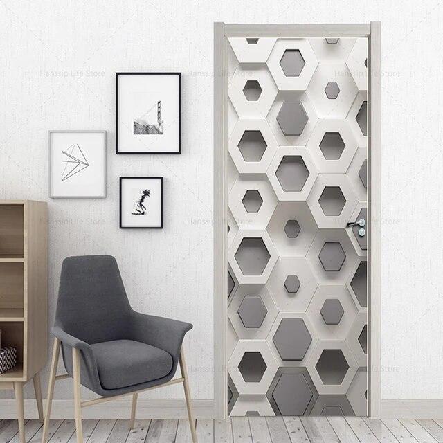 3D Geometric Door Sticker Self-adhseive Vinyl Full Door Wrap Cover Stickers Modern Abstract Geometry Wall Art Mural Decorations
