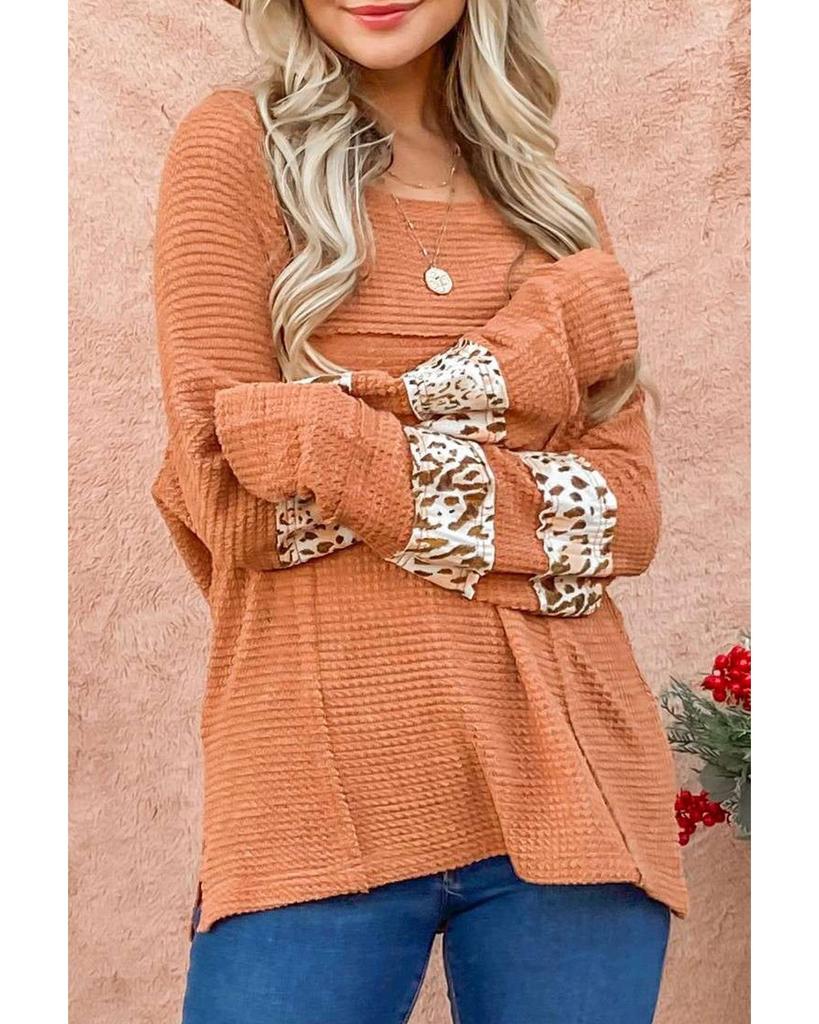 Azura Exchange Apricot Leopard Splicing Exposed Seam Waffle Knit Top
