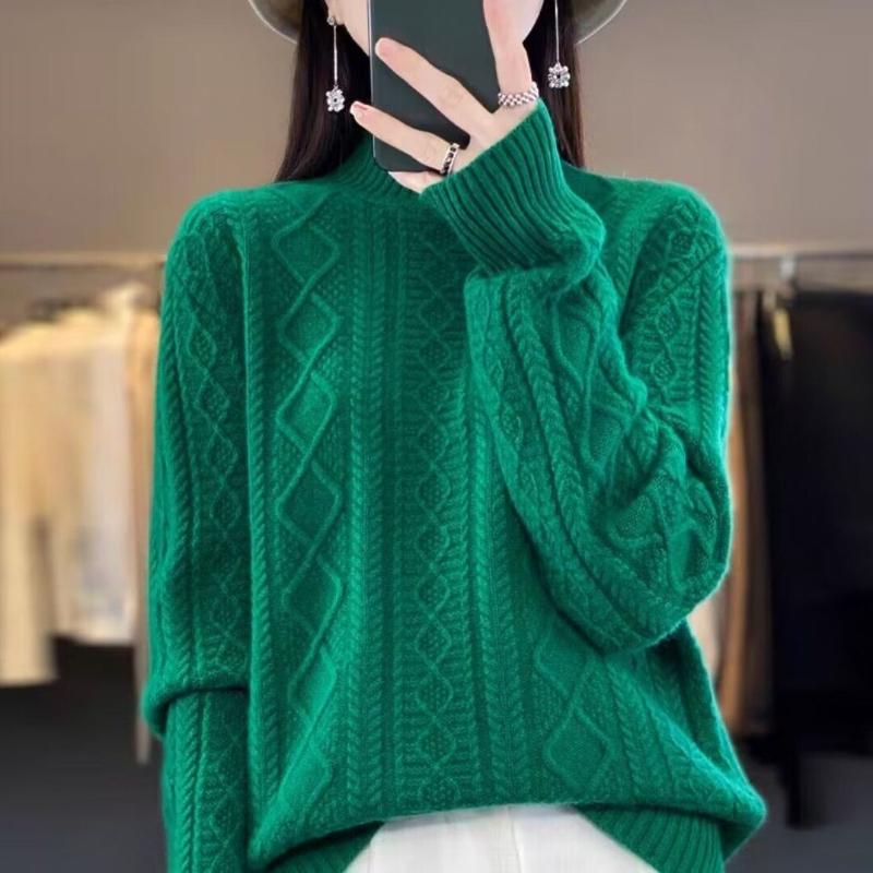 Women Half-high Neck Sweater 2025 Spring Winter New Thickened Foreign Fashion Loose Twisted Flowers Long-sleeved Knitted Bottoming Tops