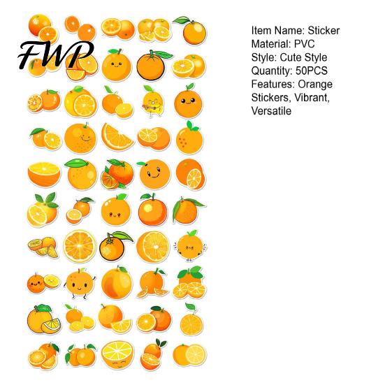 DIY Craft Supplies for Kids 50PCS Cartoon Orange Theme Stickers, Healing Style Waterproof Vinyl Fresh Fruit Stationery Decals, Scrapbooking Aesthetic