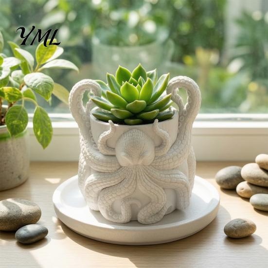 Coastal Shelf Decorations 3D Printed Octopus Planter with Tray, Unique Marine-Inspired Succulents Pot, Plant for Pot Drainage Holes, Nautical