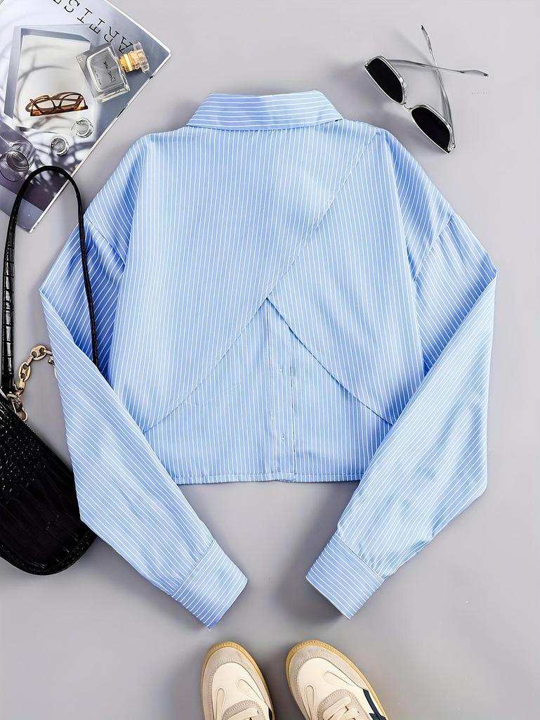 Женский полосатый укороченный кардиган-рубашка с длинным рукавом AMIANCIENT, Американский стиль " Spicy Girl", Синий топ