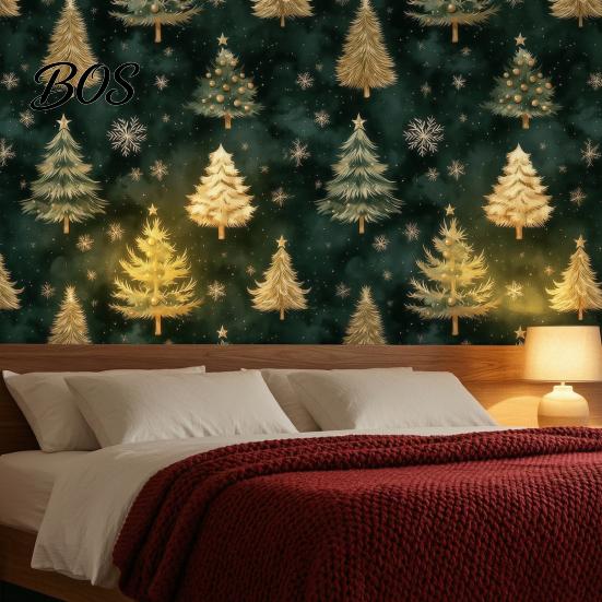 Modern Dark Green Room Decor Christmas Tree Wall Sticker, 150/300cm Gold Peel And Stick Wallpaper, Living Bedroom Mural Removable PVC Decal