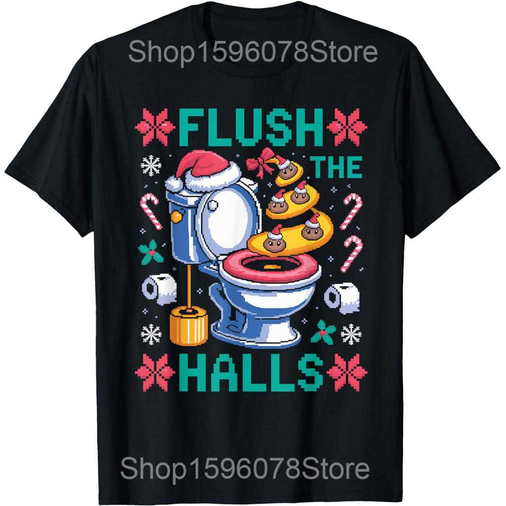 Футболки с принтом 'Flush The Halls' (Смойте в унитаз) - Рождественская шутка про какашки, Мужские Женские, Хлопок, Юмор, Уличная одежда, Футболка, Короткий рукав, Унисекс, Свободная одежда