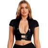 Womens Wet Look PU Crop Top Open Front Adjustable Buckles Cap Sleeve Crop Corset Glossy Clubwear