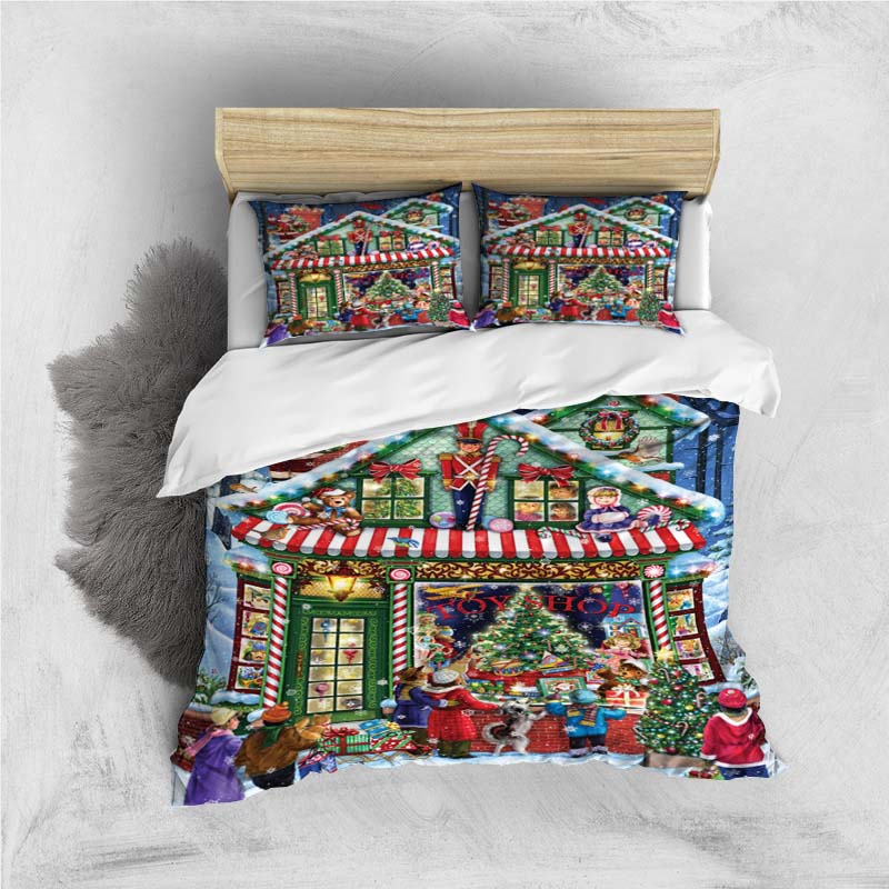 Red Christmas Candy Cane Snowflake Print Bedding Set, Sleigh Pattern Duvet Cover and Pillowcase Set, Holiday Gift.