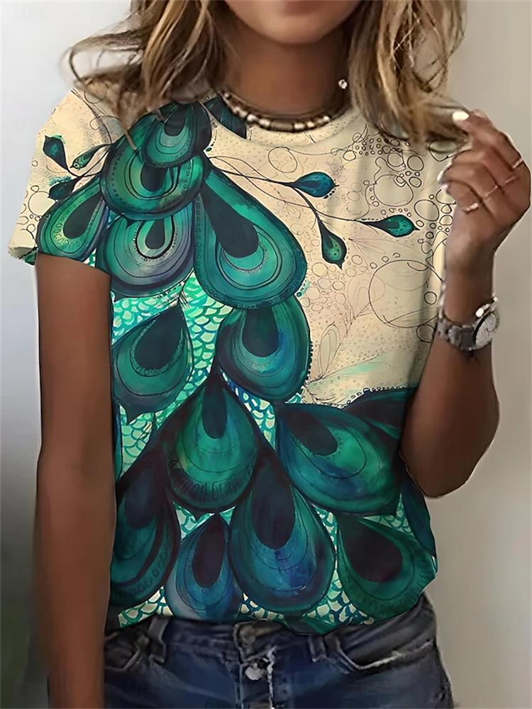 Women's Summer Casual Round-Neck Short-Sleeve T-Shirt Simple Dragonfly Print Elegant T-Shirt Stylish Women's Top