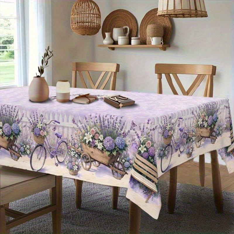 1pc Lavender Tablecloth, Retro Lavender Bicycle Bougainvillea Butterfly Floral Decor, YZB