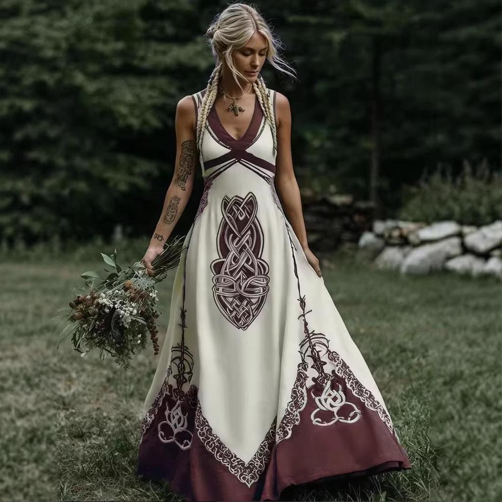 Летнее платье с V-образным вырезом без рукавов в стиле кельтского ренессанса 2026 - Женское трансграничный стиль