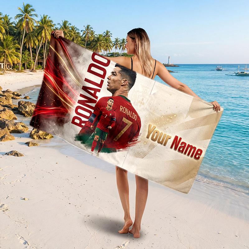 Cristiano Ronaldo Custom Beach Towel, Personalized Name Text Print, Football Logo Soft Quick‑Dry Towel Holiday Gift