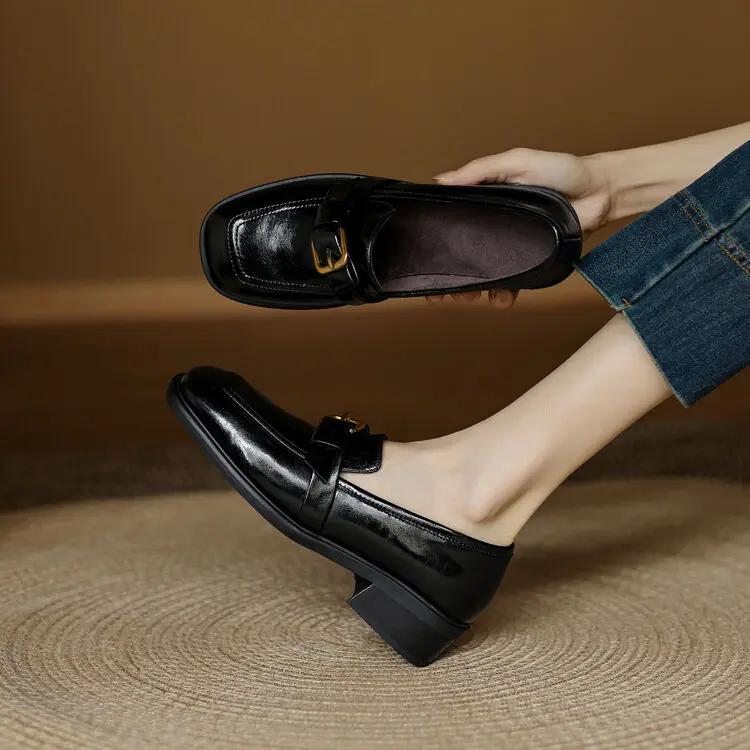 Модные новые осенне-зимние женские туфли-лодочки из спилковой кожи для женщин, французский квадратный носок, лоферы, zapatos mujer, массивные каблуки, женская обувь