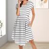 Summer Mother Breastfeeding Dress Openable Front Striped Round Neck Irregular Hem Short Sleeve Pregnant Women Nightdress Midi Dress