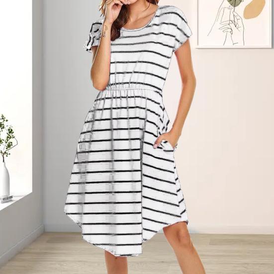 Summer Mother Breastfeeding Dress Openable Front Striped Round Neck Irregular Hem Short Sleeve Pregnant Women Nightdress Midi Dress