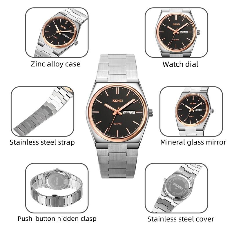 Skmei Luxury Brand Quartz Waterproof Wristwatch for Mens Stainless Steel Strap Date Week Analog Display Bracelet Watches