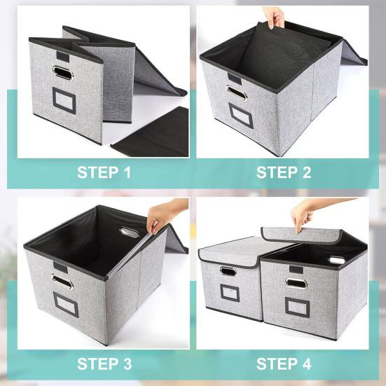 File Storage Box with Lid Hanging Office Document Organizer Metal Handle Legal Letter Size Foldable File Storage Bin