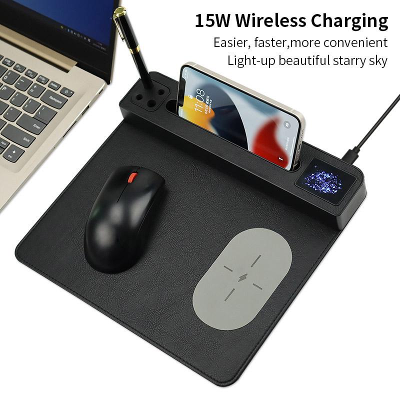 15 Вт QI быстрая зарядка беспроводной зарядки коврик для мыши со светодиодным дисплеем зарядное устройство для телефона PU коврик для мыши с держателем для мобильного телефона слот для ручки
