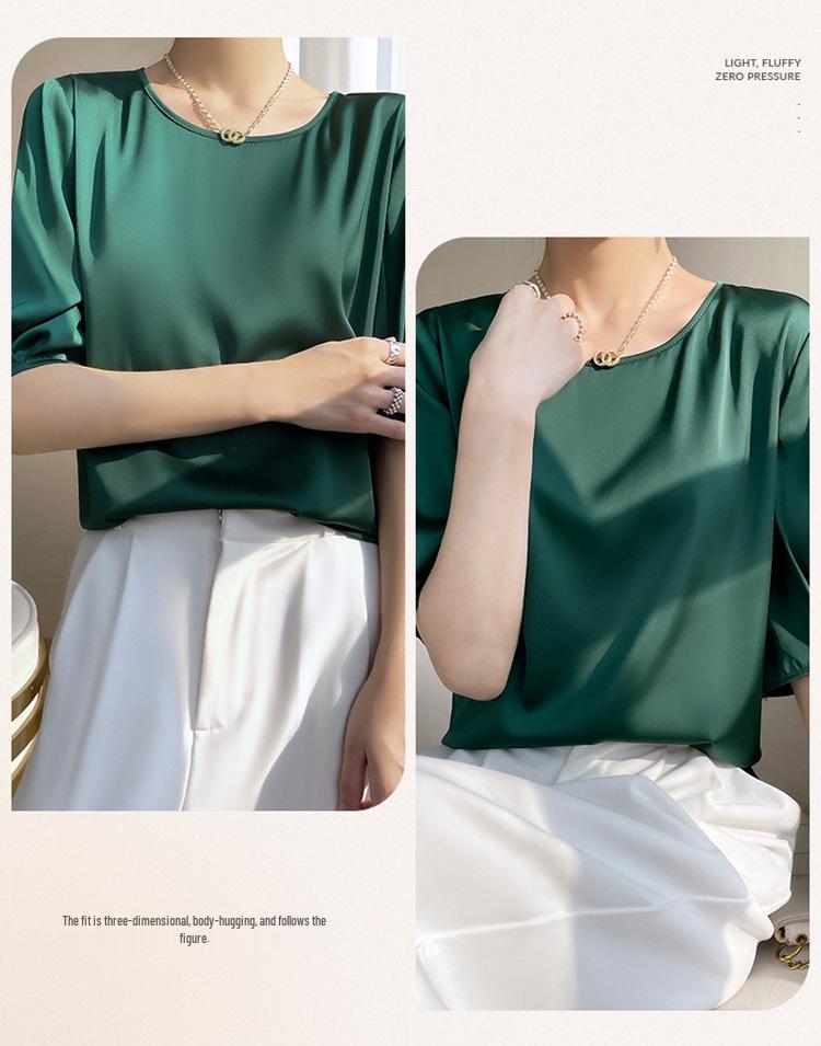 Breathable Silk Women's Round Neck Loose Solid Color Acetate Satin T-Shirt (2024 Spring/Summer Collection)