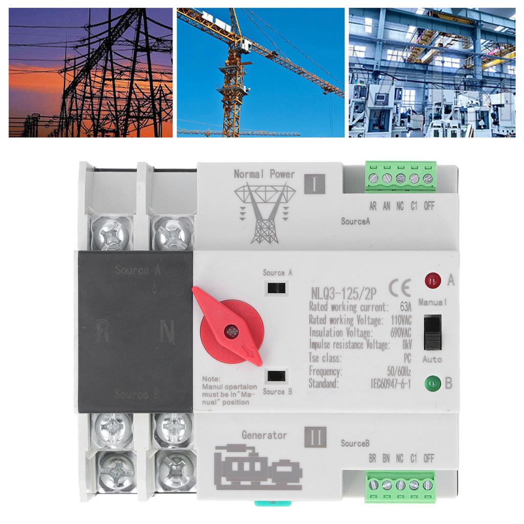 2P Dual Power Automatic Transfer Switch Generator Transfer Changeover Switch AC110V 50Hz 60Hz 63A