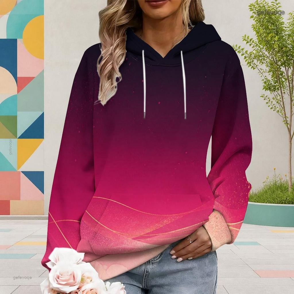 Women Plus Size Colorful Abstract Swirl Printed Long Sleeve Drawstring Hooded Pullover With Kangaroo Pocket