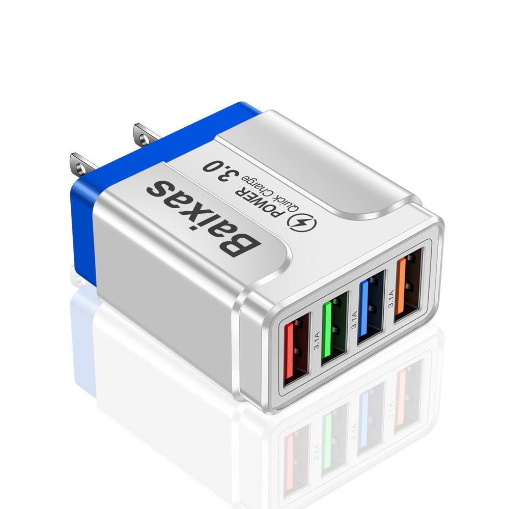 Цветное 4-портовое USB-зарядное устройство 3A для мобильных телефонов и планшетов, дорожное - Стандарт ЕС/США/Великобритании