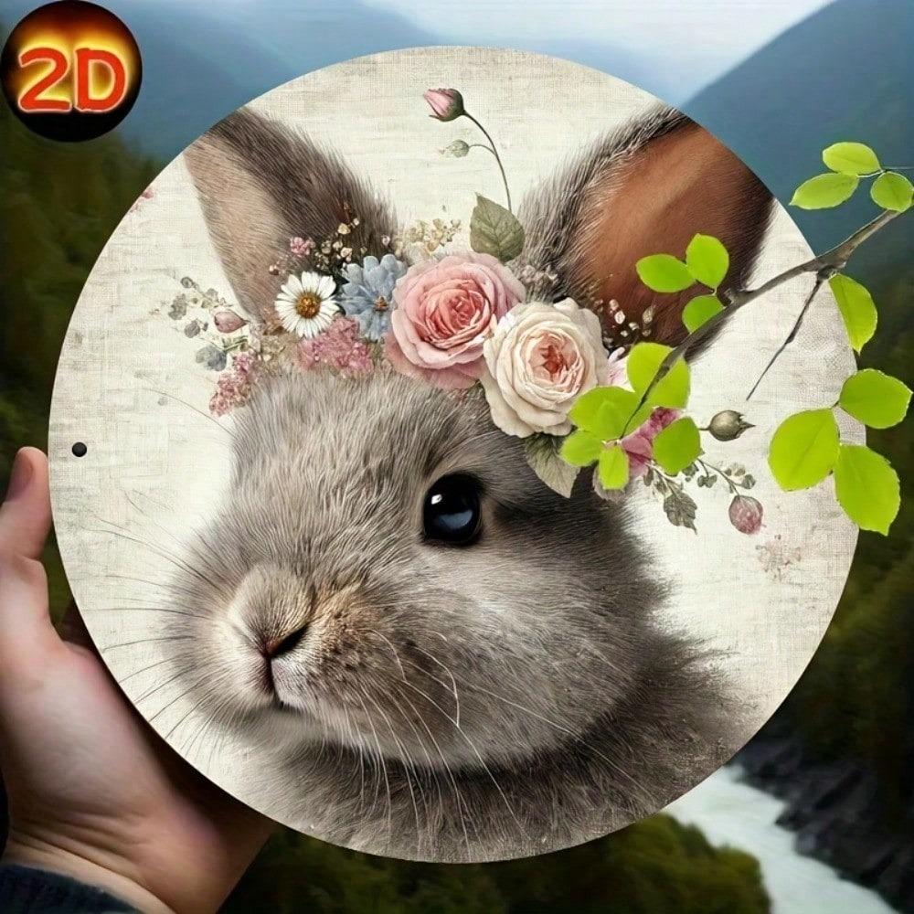 Retro Easter Rabbit Metal Tin Sign Round Wall Decor Rustic Holiday Party Home Garden Porch Decoration 2D Plaque