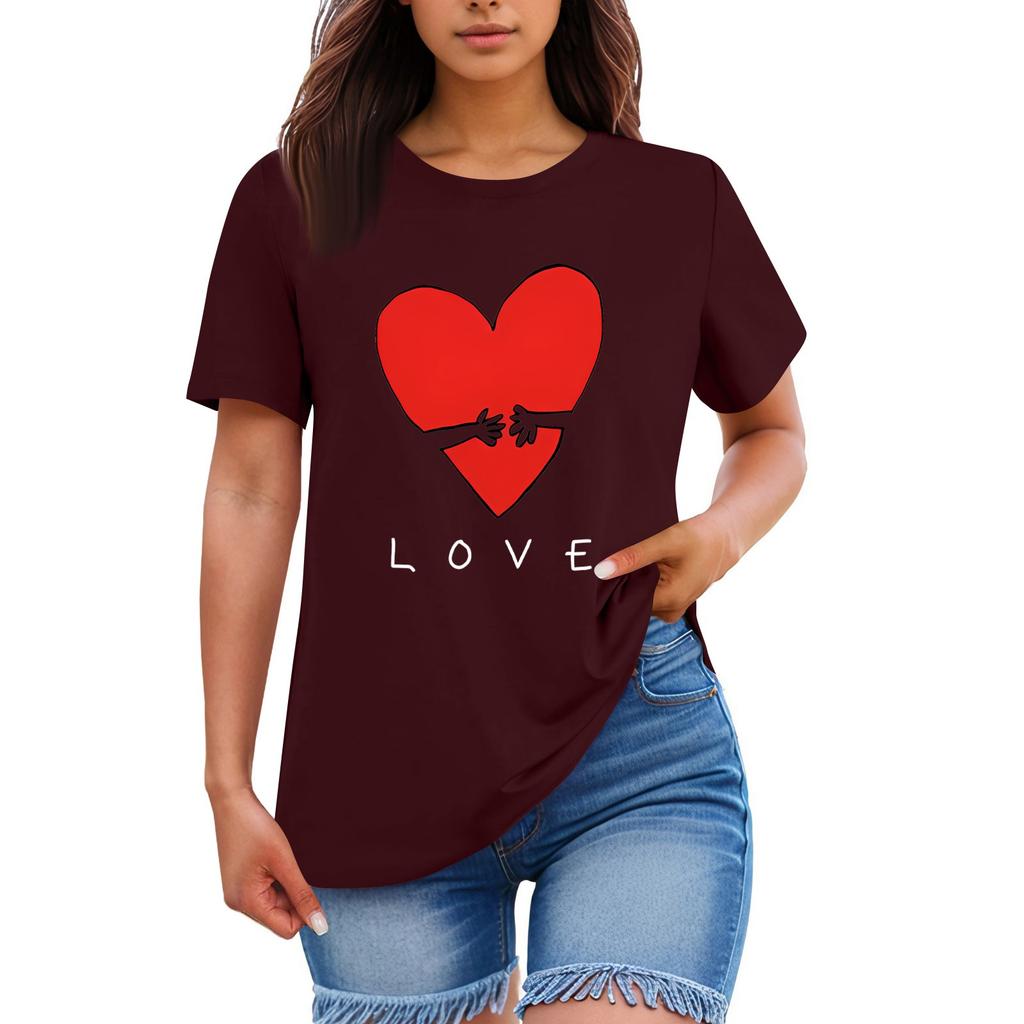 Ladies' Loose Comfortable Casual Fashionable Heart And LOVE Character Pattern Printed Round Neck Short Sleeved Shirt