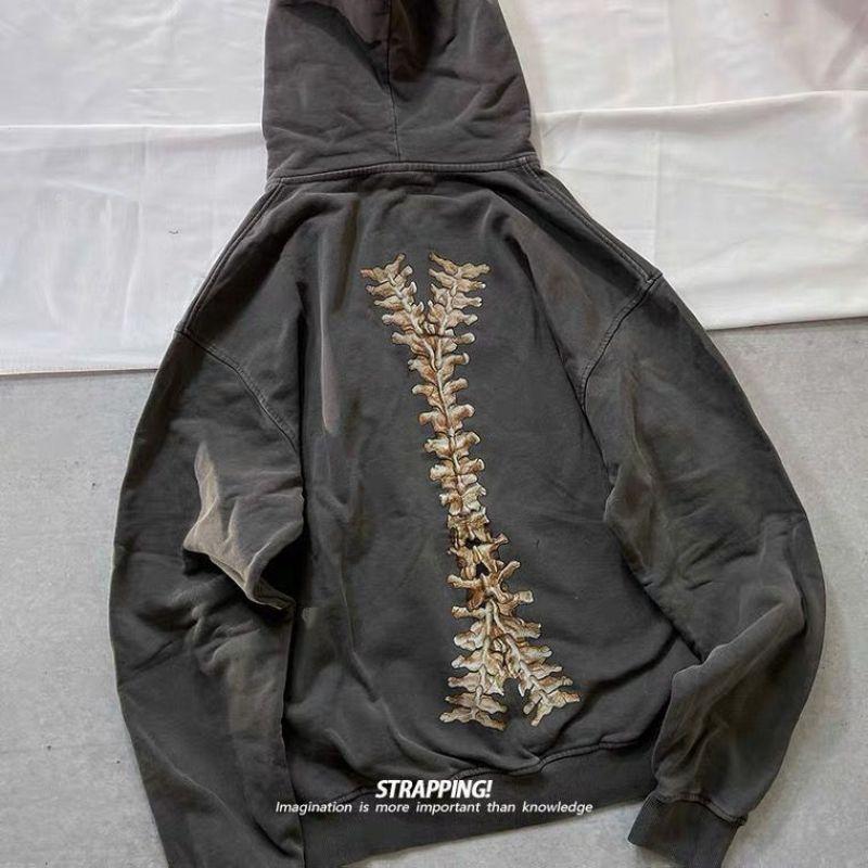 Темный отдел в стиле рок, оверсайз, американская ретро костяная толстовка с капюшоном на молнии, уличный хип-хоп для мужчин и женщин